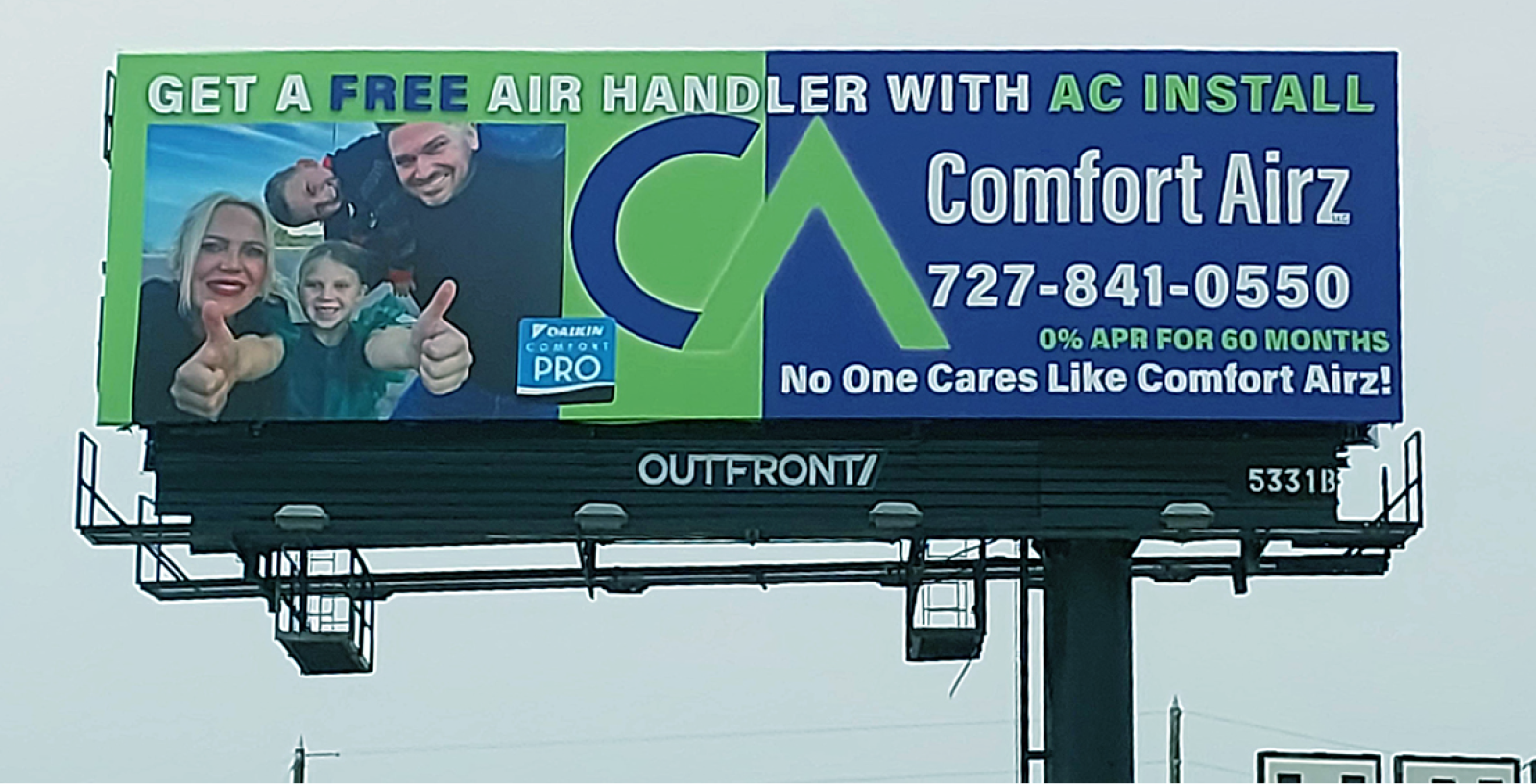 Promotional billboard offering free air handler with AC install.