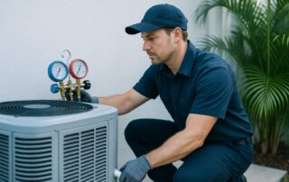 Florida HVAC technician checking an outdoor AC condenser and condensate drain beside a coastal home with palms.