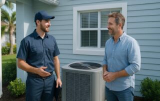 Florida homeowner discussing AC repair versus replacement with an HVAC technician beside a residential outdoor unit