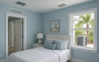 Coastal Florida home HVAC with clean vents and outdoor unit, focused on comfort and indoor air quality.