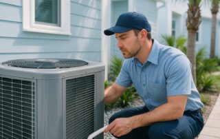 Technician inspecting a Florida home's outdoor AC unit and condensate drain line.